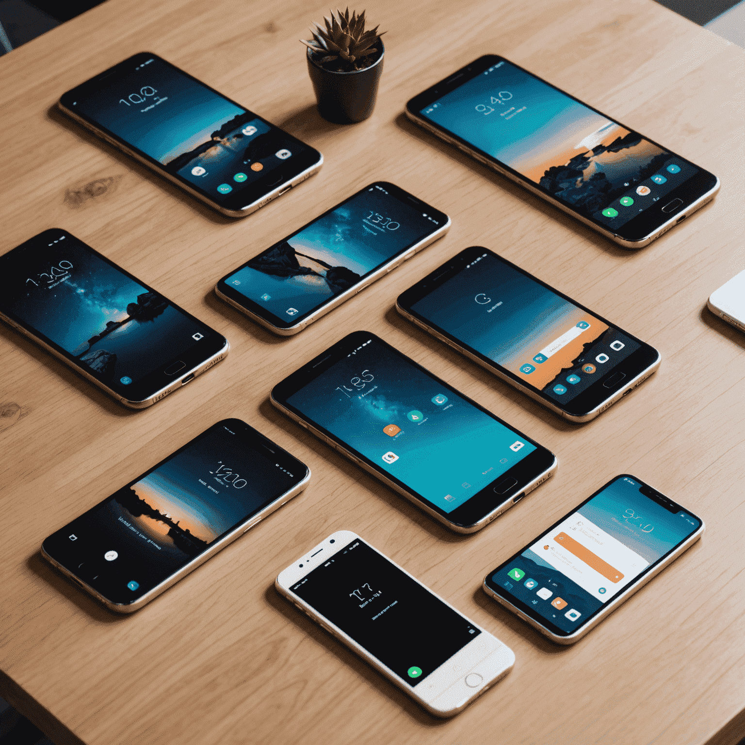 Various new smartphone models displayed on a sleek, modern table with specs floating around them