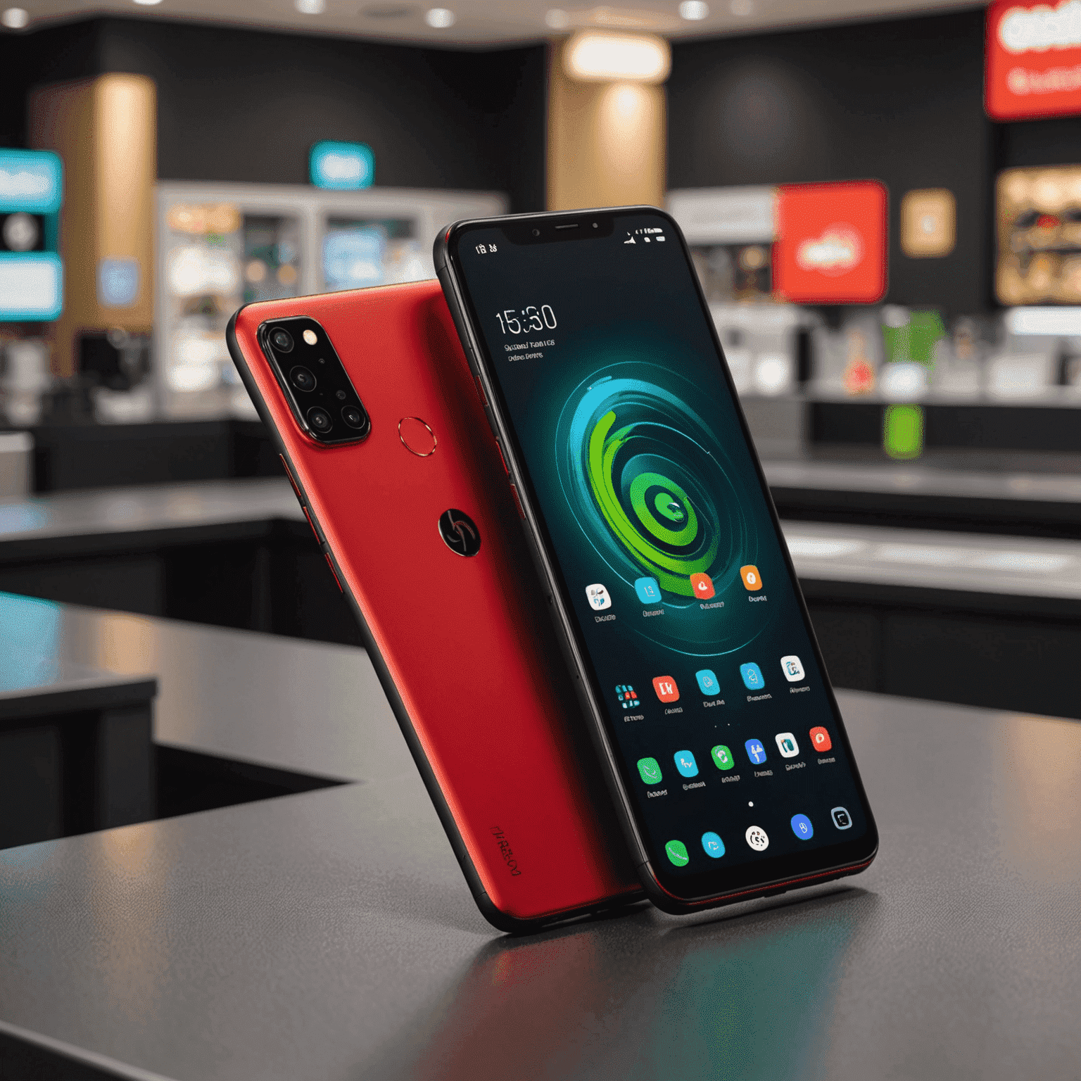 Etisalat QuickPay 5G smartphone with a sleek red and black design, featuring a large touchscreen display and multiple camera lenses