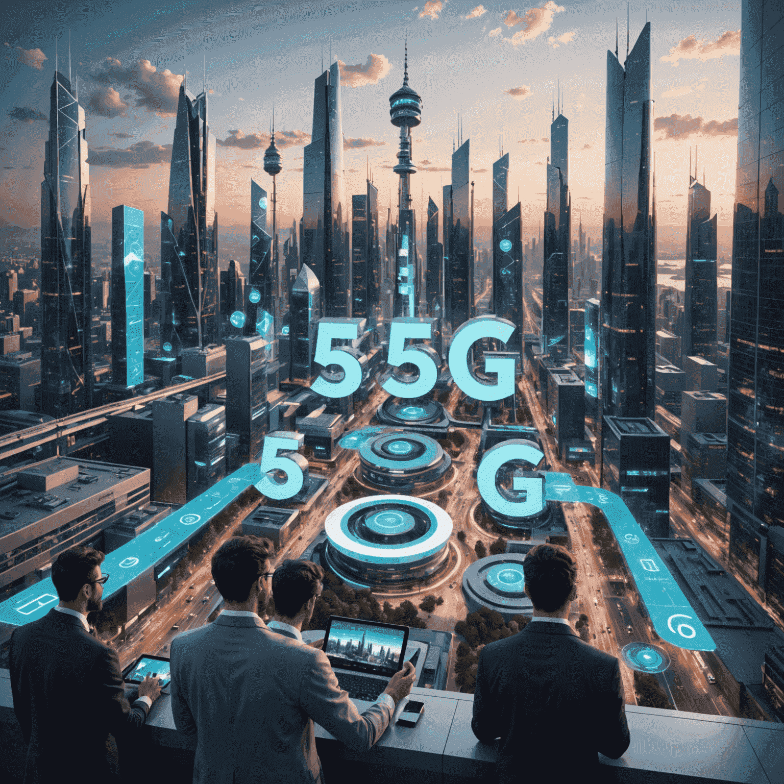 A futuristic cityscape with 5G towers and people using advanced mobile devices, showcasing the widespread implementation of 5G technology