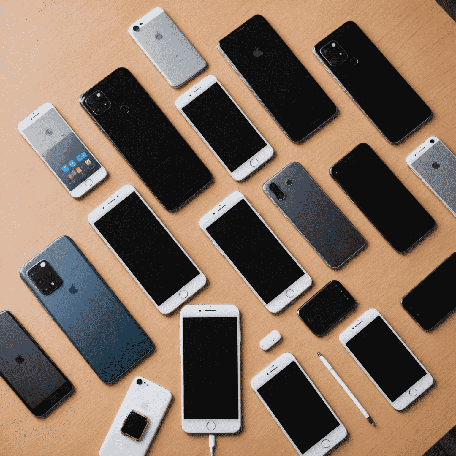 A collection of the latest smartphone models displayed on a sleek, modern table. The phones are arranged neatly, showcasing their slim designs and vibrant screens.