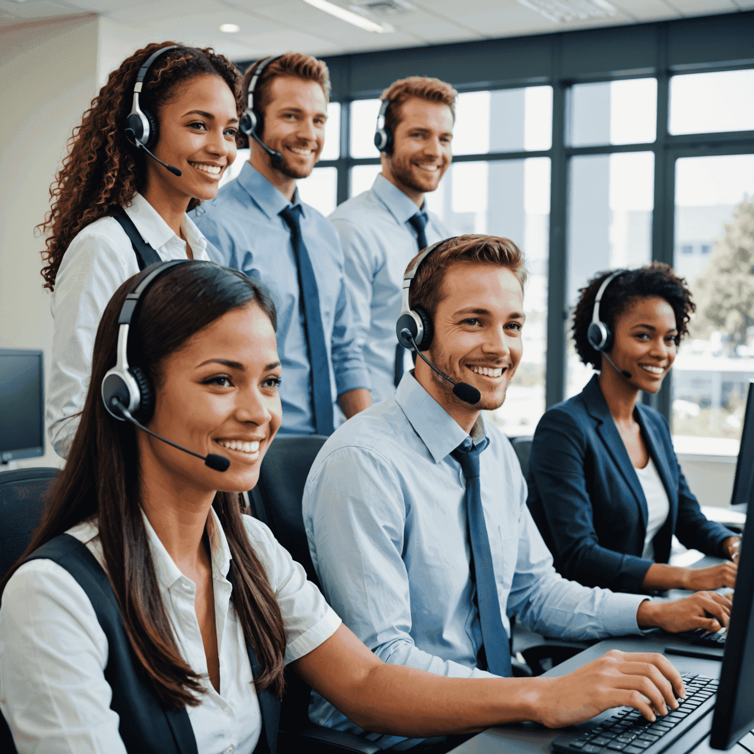 A team of diverse customer support representatives wearing headsets and smiling, ready to assist customers with their mobile communication needs. The image showcases a modern call center environment with state-of-the-art technology.