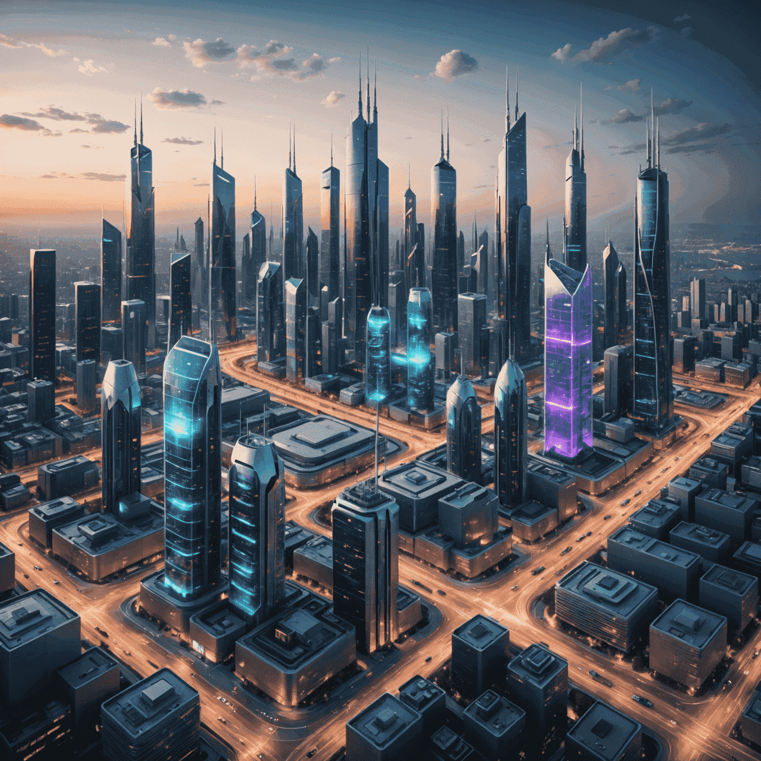 Futuristic cityscape with 5G towers and devices showing fast connection speeds