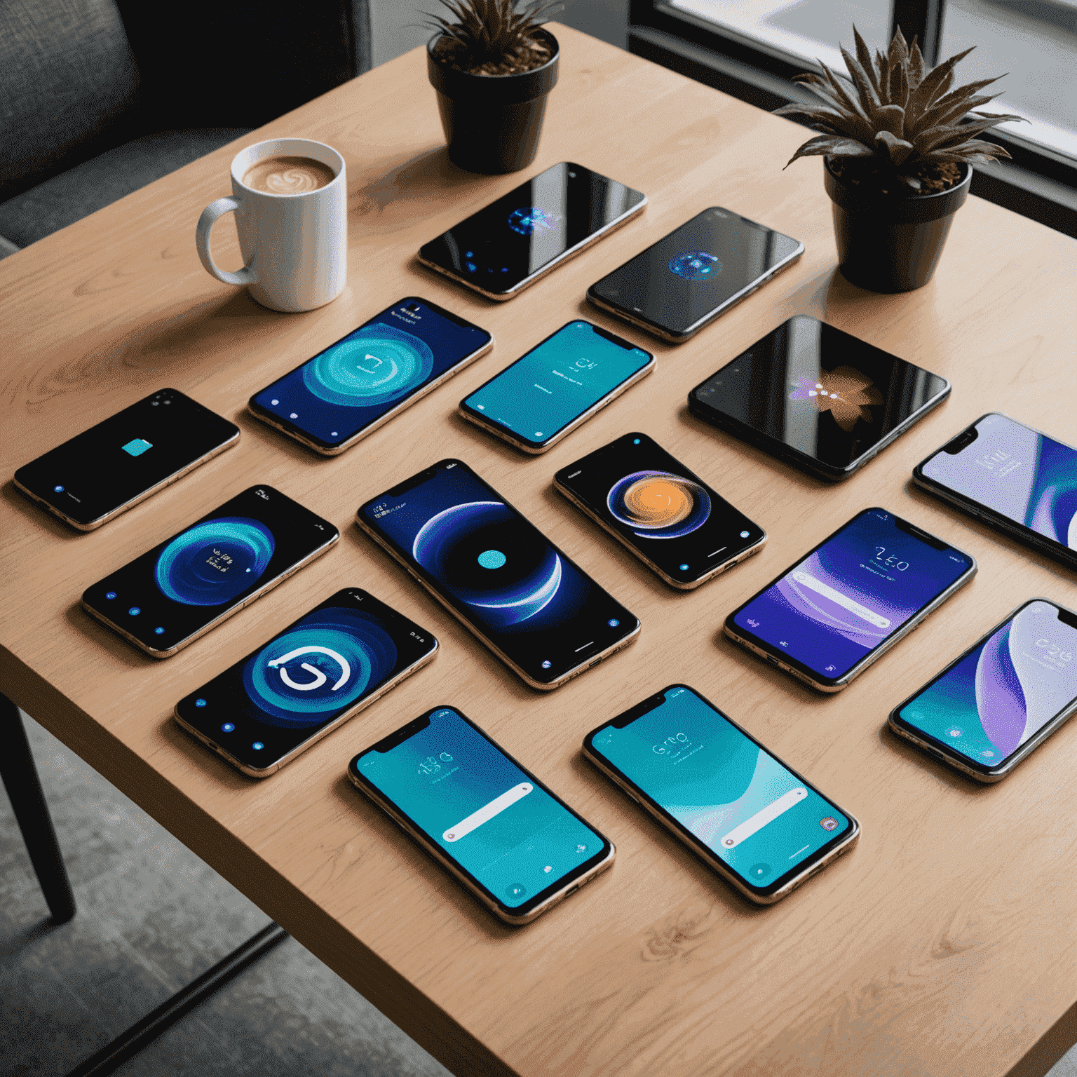 A collection of latest 5G-compatible smartphones displayed on a sleek, modern table, highlighting the variety of devices available