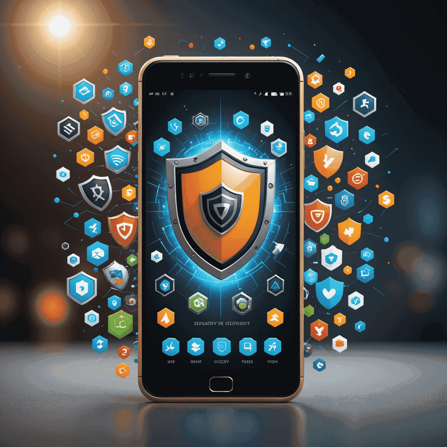 Smartphone with a shield icon and various security symbols floating around it