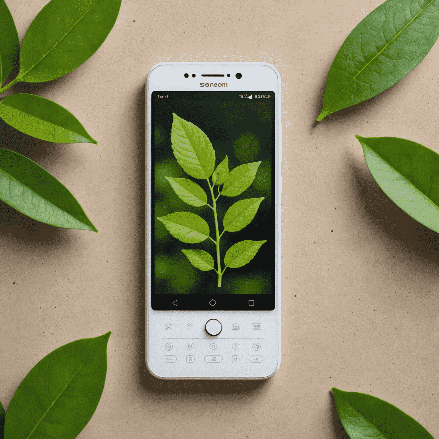 EcoComm Lite smartphone with an eco-friendly green and white design, featuring a compact form factor and minimalist interface