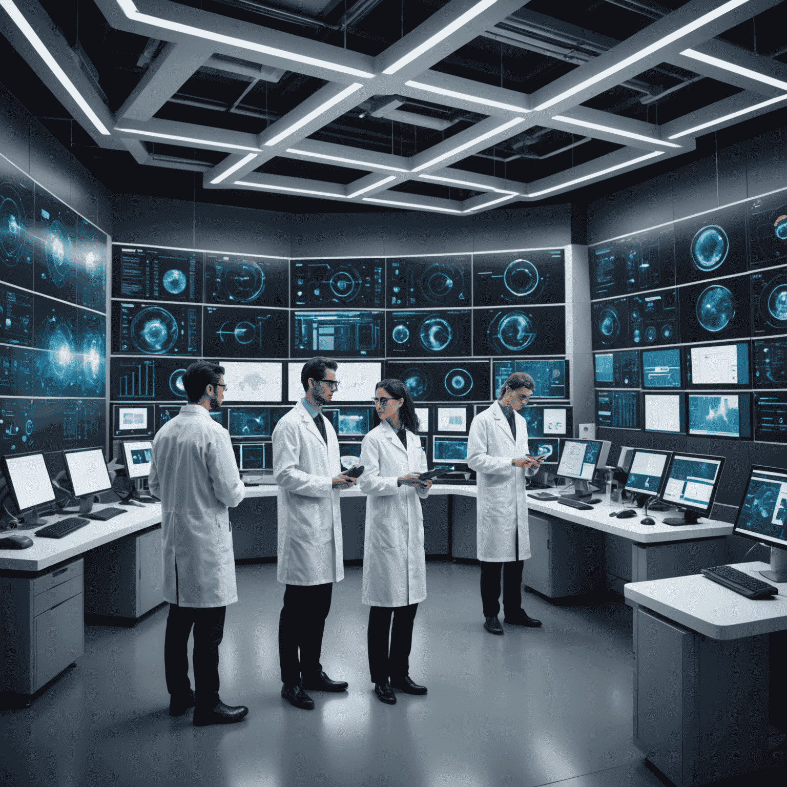 A futuristic laboratory with scientists and engineers working on advanced 5G and 6G communication technologies, symbolizing the ongoing research and development in the field