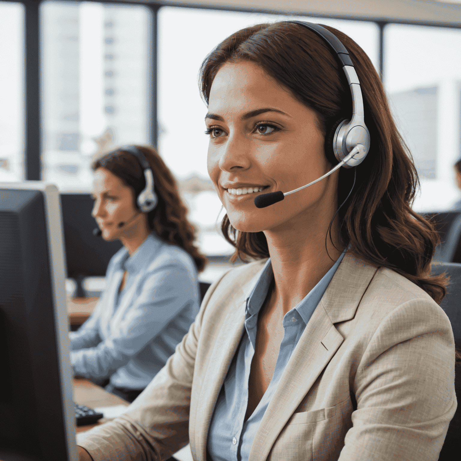 A friendly customer support representative assisting a client via headset